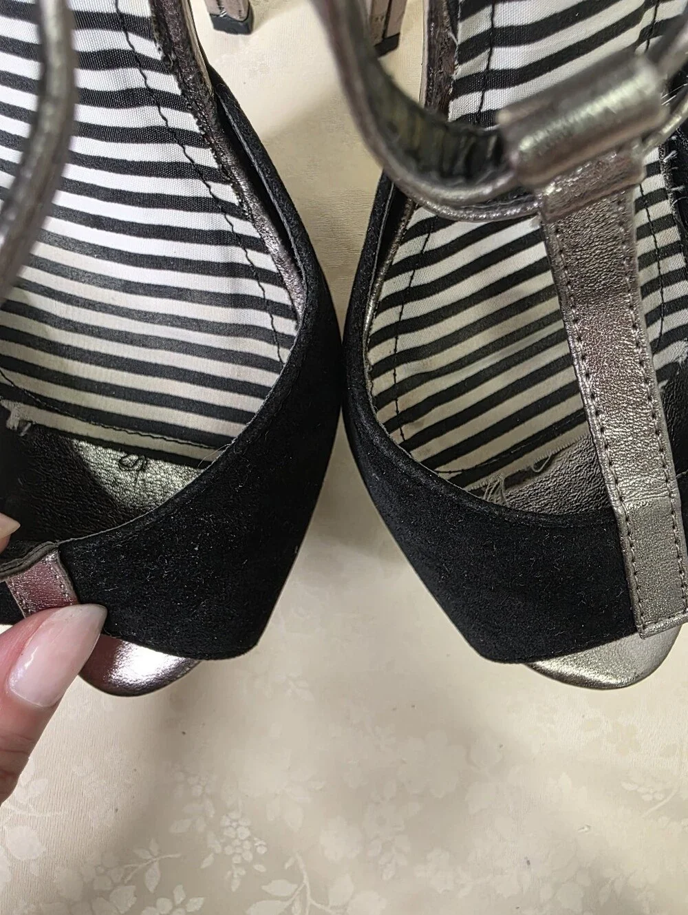 Liliana Black Faux Suede Metallic Silver T-Strap Platform Stiletto Heels 7.5